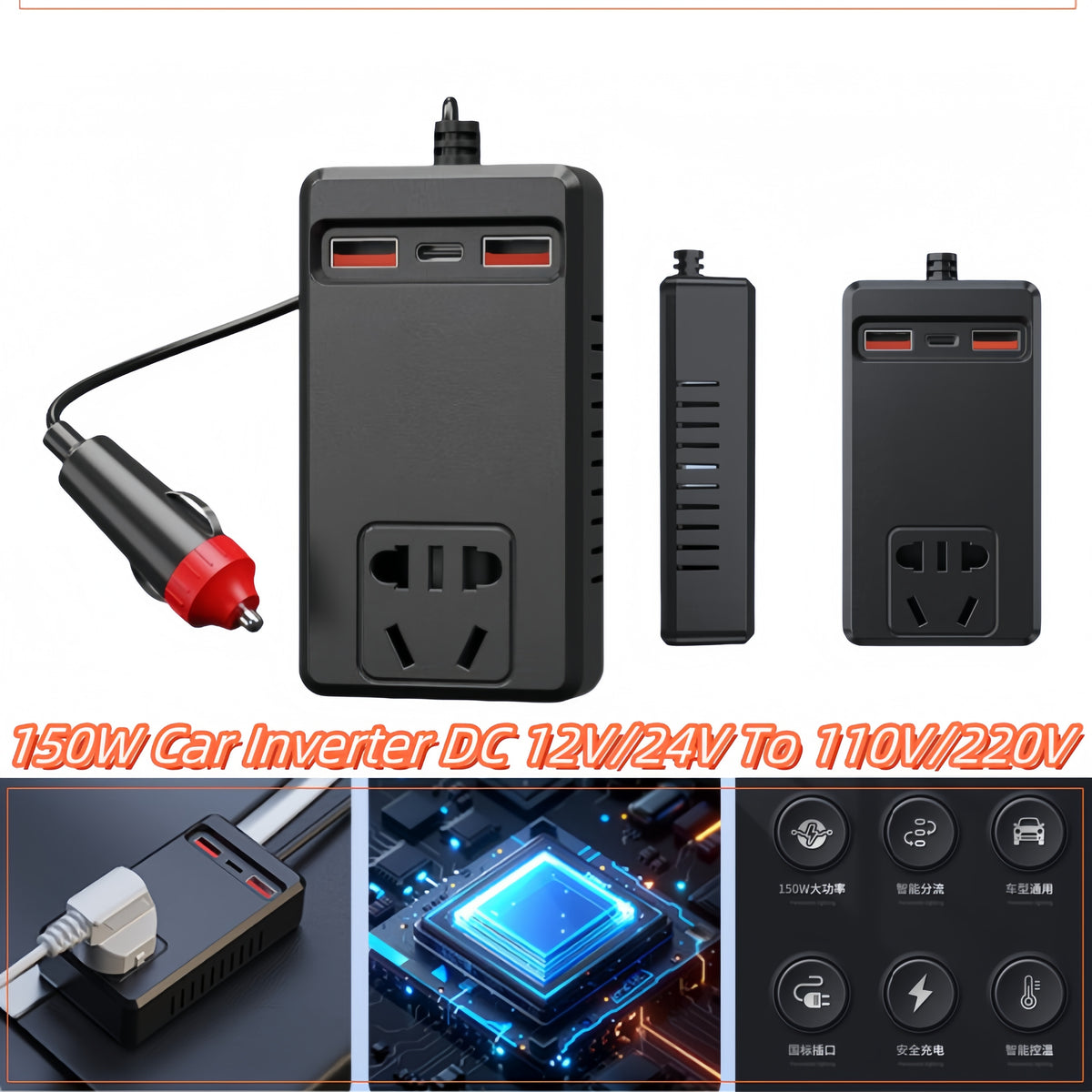 Universal 150W Car Power Inverter DC 12V 24V to 110V 220V USB Type C Charger Aut