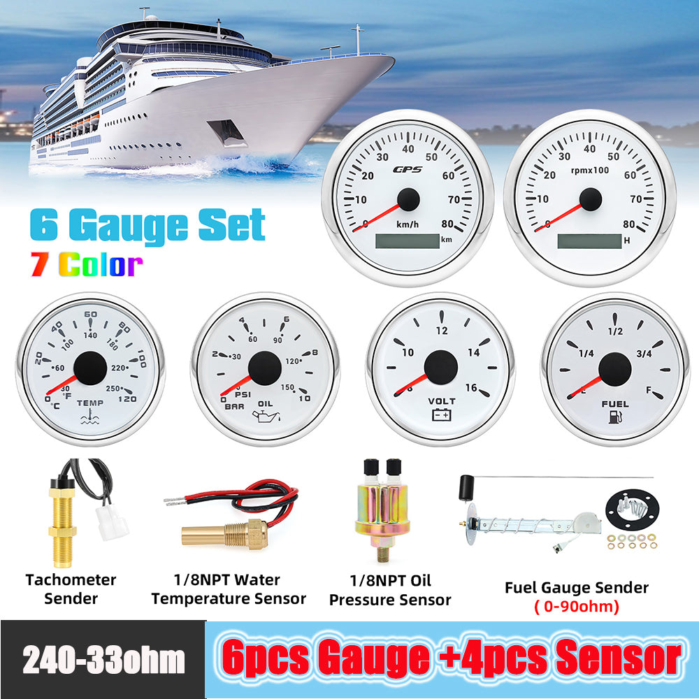 85MM+52MM Gauge Set with Sensor 1/8NPT Car Boat Waterproof Speedometer MPH Km/h