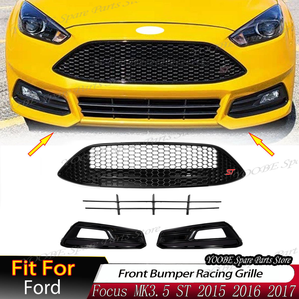 For Ford Focus MK3.5 ST 2015 2016 2017 Front Bumper Racing Grille Upper Lower Ho