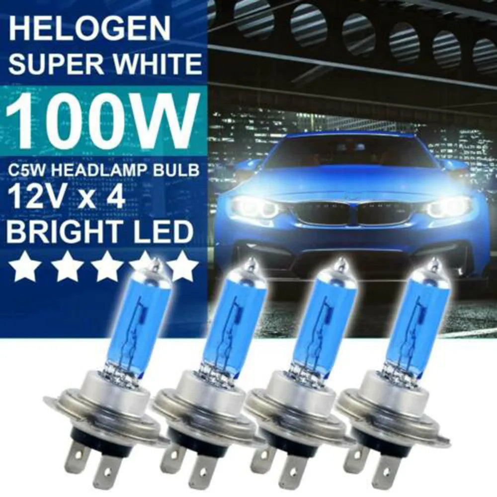 4pcs 100watt SUPERWHITE HALOGEN H7 Headlight Bulbs 100W 4500K Xenon Hid Super Wh
