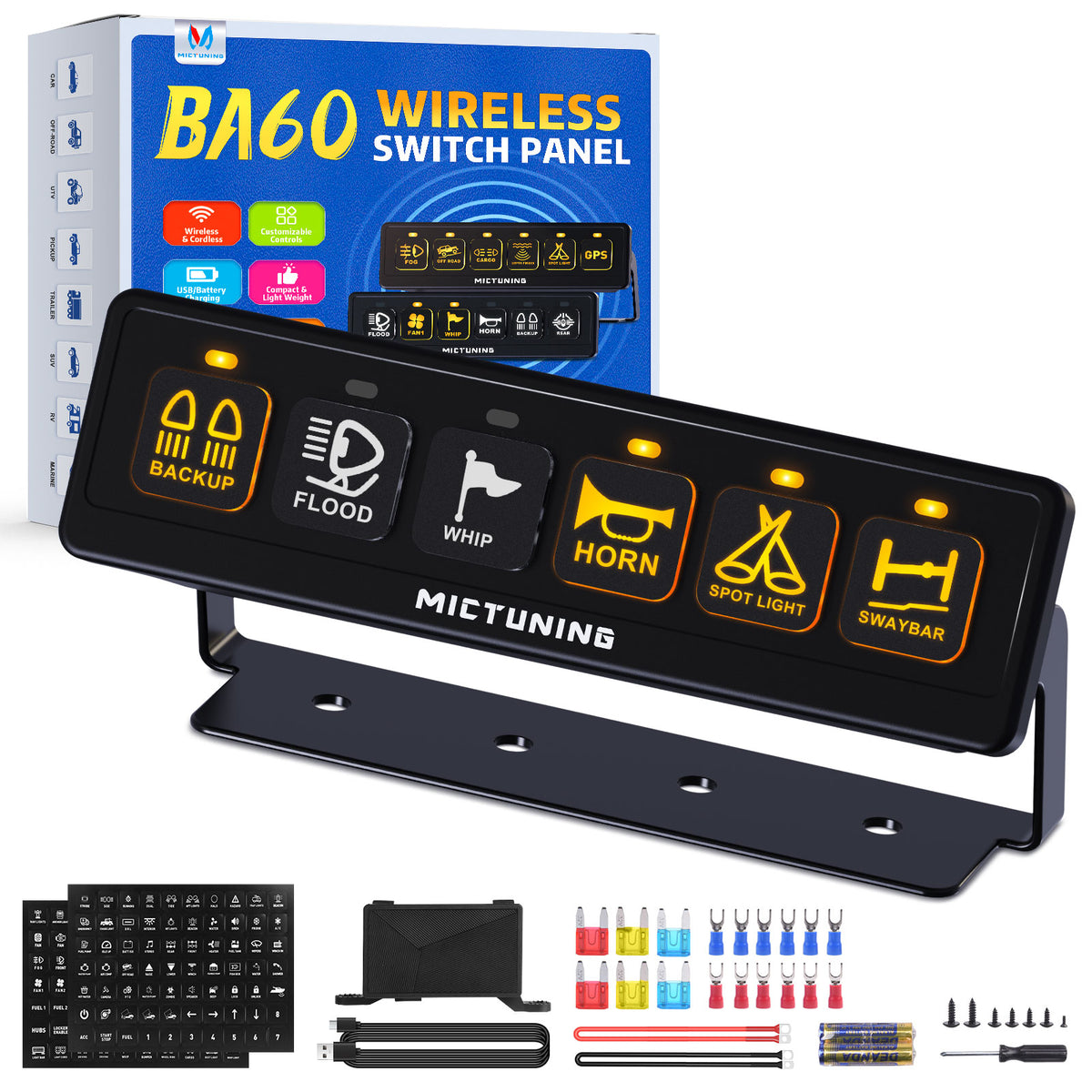 MICTUNING Wireless 6 Gang Switch Panel, with 2 Light Memory Function, 80A Circui