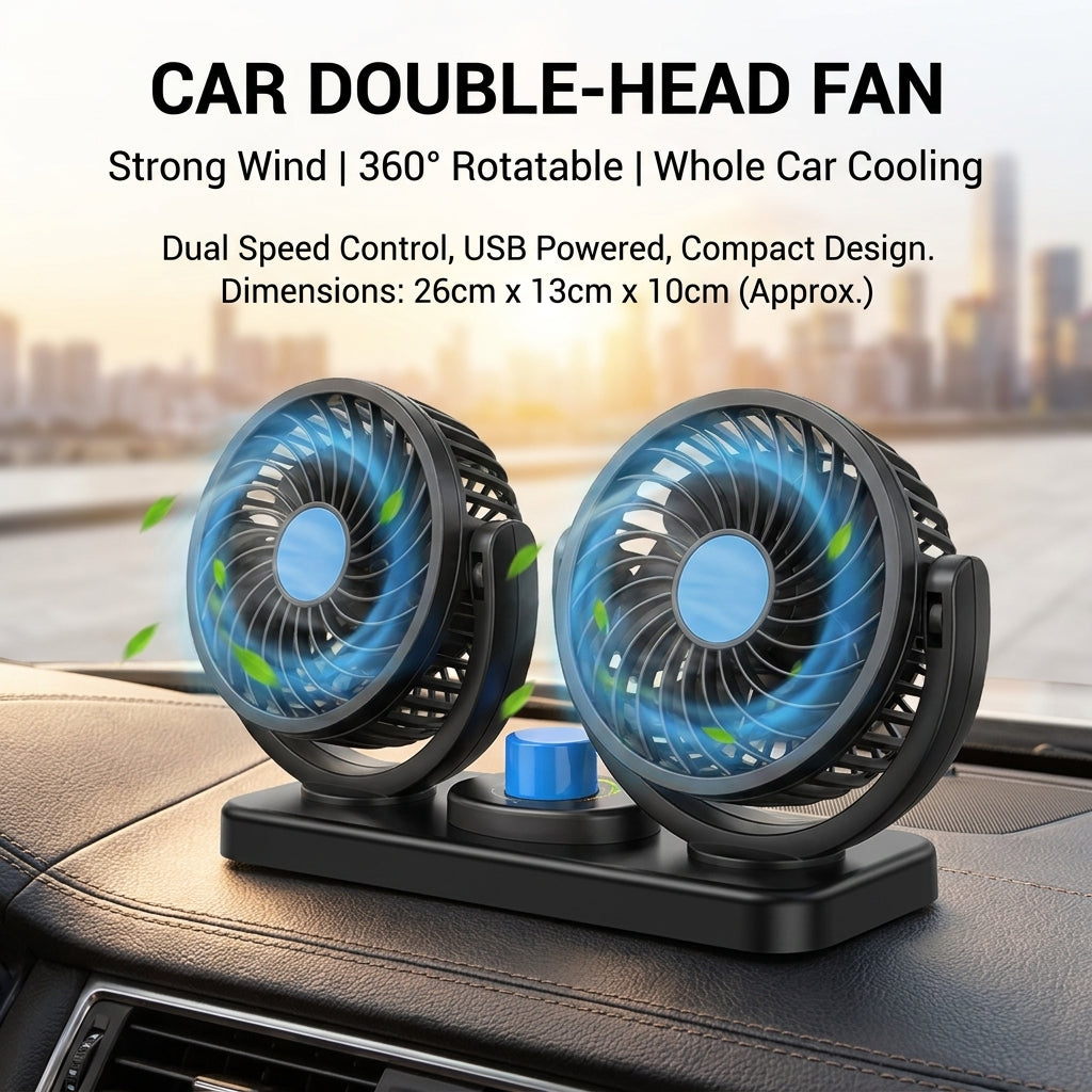 Multi-Voltage Car Fan | Dual Head USB Cooler | 2-Speed Adjustable | Auto Air Ven