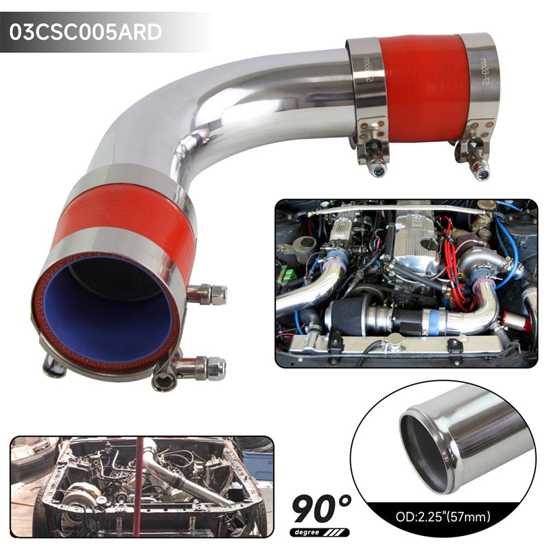 57mm 2.25" Aluminum Intercooler Piping pipe Tube hose 90 Deg + Silicone hose w/