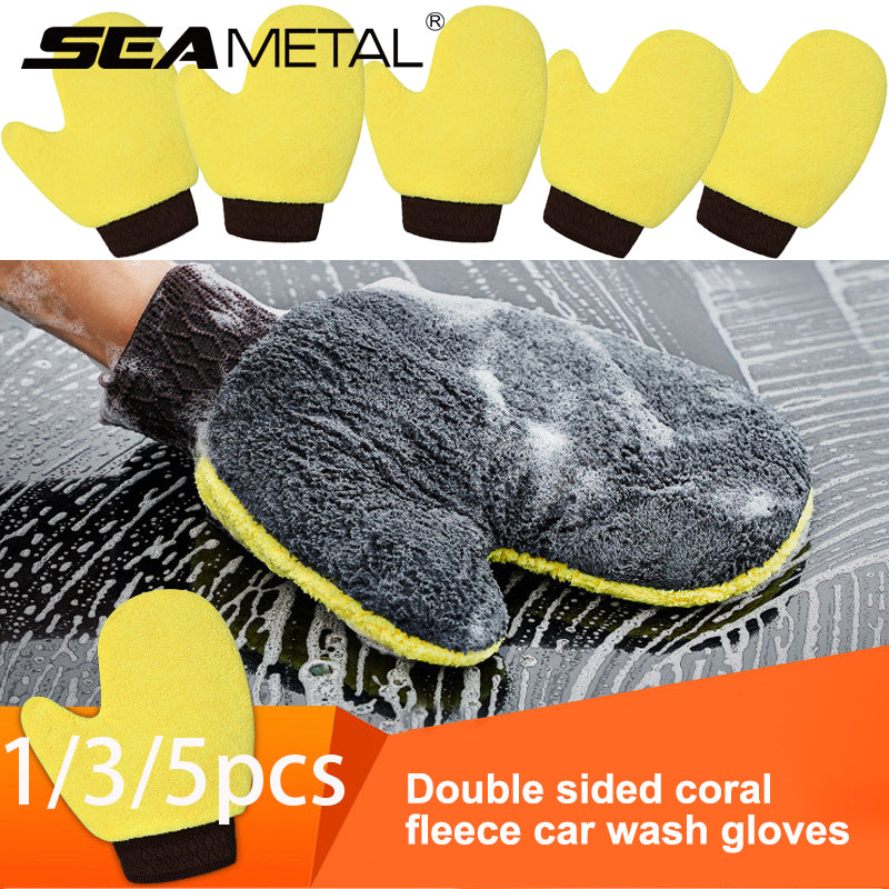 SEAMETAL 1/3/5pcs Microfiber Car Wash Gloves Double Sided Coral Fleece Car Polis
