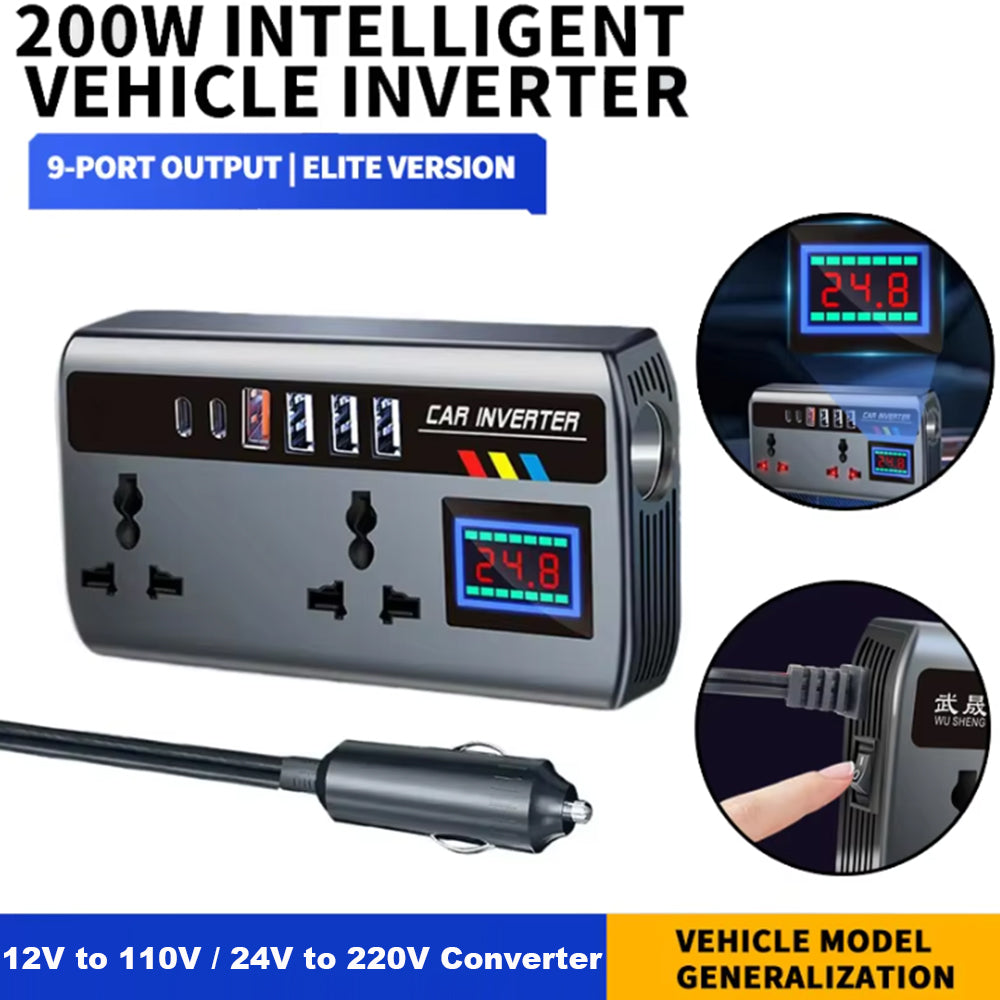 Portable Car Inverter 12V to 110V / 24V to 220V Outlet Adapter with 4 USB Ports