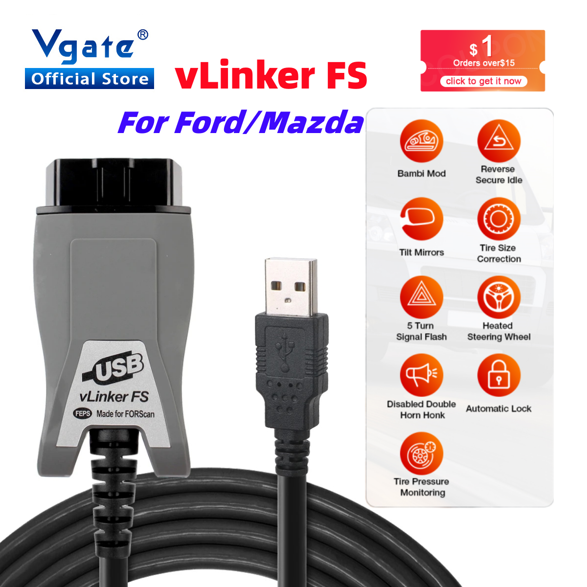 Vgate vLinker FS ELM327 For Ford FORScan HS MS CAN ELM 327 OBD 2 OBD2 Car Diagno